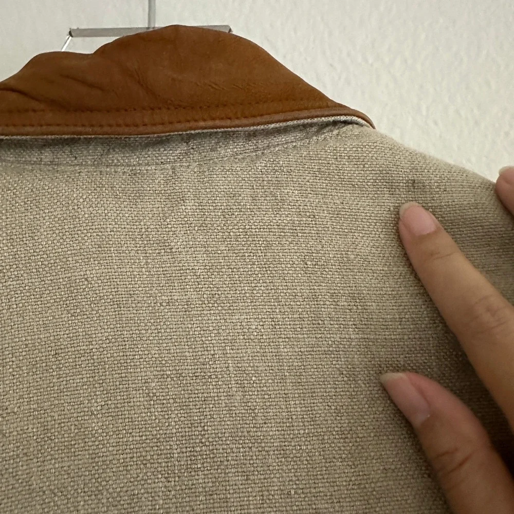 Vtg Banana Republic Safari‎ Jacket Mens XS Beige Linen Leather Collar Field Coat